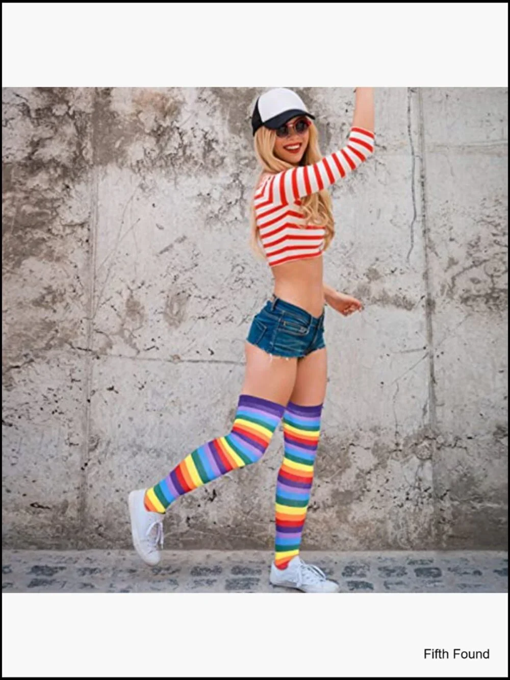 Knee High Socks & Fingerless Gloves Set 4 Pairs Striped Arm Warmers